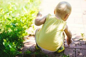 liten flicka, litet barn hopkrupen ner på en gångväg i de trädgård. en barn spelar i de bakgård på en solig dag. barn utforskar natur i parkera foto