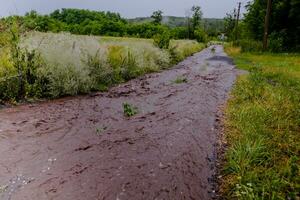 strömmar av vatten strömmande längs de lantlig väg. översvämning efter de regn. foto