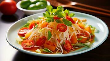 thai papaya sallad på en vit tallrik generera ai foto