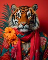 ai genererad stänga upp Foto av tiger med scarf. kopia Plats.