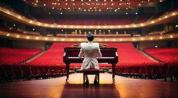 ai generativ man i vit kostym spelar röd piano i konsert hall, musikalisk bokeh bakgrund foto