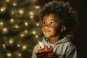 liten svart pojke skrivning brev till tomte, önskar lista av presenterar för jul i dekorerad rum, ai genererad foto