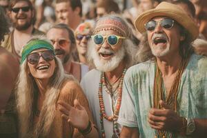 leende grupp senior hippies. generera ai foto