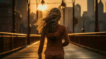 en passa kvinna joggning i atletisk ha på sig under gyllene timme.. generativ ai foto