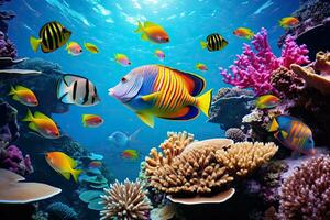 underbar och skön under vattnet värld med koraller och tropisk fisk, tropisk korall rev och marin liv med färgrik fiskar, ai genererad foto