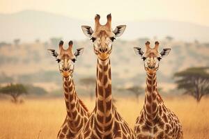 tre giraffer i de savann av kenya, afrika, tre giraffer i serengeti nationell parkera, tanzania, ai genererad foto