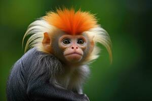 porträtt av rödskaftad douc langur, thailand, de röd shanked douc är en arter av gammal värld apa foto