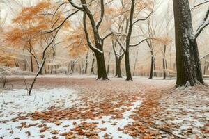 fallen löv i snöig skog parkera. bakgrund. ai generativ proffs Foto