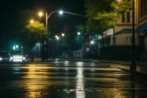 stad gata på regnig natt väg och gatlyktor på natt bakgrund. ai generativ proffs Foto