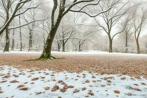 fallen löv i snöig skog parkera. bakgrund. ai generativ proffs Foto