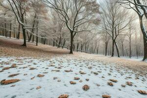 fallen löv i snöig skog parkera. bakgrund. ai generativ proffs Foto