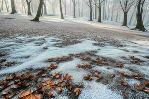 frostig fallen löv med skinande is frost i snöig skog parkera. bakgrund. ai generativ proffs Foto