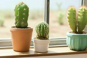 fönster och kaktus växter på suddig bakgrund. ai generativ proffs Foto