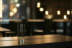 trä- tabell i främre av en suddig bakgrund av restaurang lampor. ai generativ proffs Foto