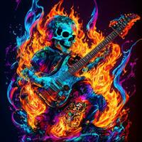 skalle spelar elektrisk gitarr i brand lågor på svart bakgrund. halloween begrepp. foto