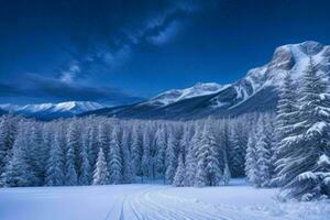 vinter- med färsk snö täckt skogar och bergen på natt. bakgrund. ai generativ proffs Foto