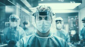konceptuell av medicinsk arbetare i skyddande Kläder och masker arbetssätt i modern sjukhus. dubbel- exponering. generativ ai foto