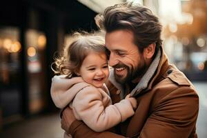 Lycklig far och dotter kramas och leende medan utgifterna tid tillsammans utomhus. generativ ai foto