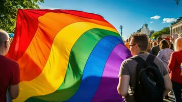 Foto av en stor HBTQ regnbåge flagga på en HBTQ månad firande. generativ ai