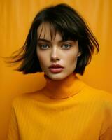 en kvinna bär ett orange Tröja, med svart hår, står självsäkert, utsöndrar elegans och stil.. generativ ai foto