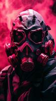 cyberpunk karaktär bär gas mask med rosa tema. generativ ai foto