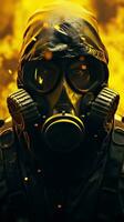 fantasi karaktär bär gas mask med gul cyberpunk tema. generativ ai foto