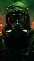 cyberpunk gas mask karaktär med grön tema. generativ ai foto