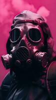 cyberpunk karaktär bär gas mask med rosa tema. generativ ai foto