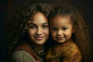ung kvinna med liten afrikansk unge Foto skott. generera ai
