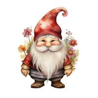 vattenfärg trädgård gnome i en keps, söt illustration på en vit bakgrund foto