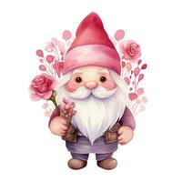 vattenfärg valentines gnome med hjärtan, söt illustration på vit bakgrund foto