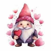 vattenfärg valentines gnome med hjärtan, söt illustration på vit bakgrund foto