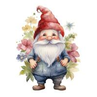 vattenfärg trädgård gnome i en keps, söt illustration på en vit bakgrund foto