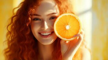 skön glad tonåring modell flicka tar saftig apelsiner skivor med rolig röd frisyr och professionell göra upp ai genererad foto