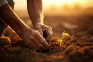 ny liv börjar med mänsklig hand plantering utsäde genererad förbi ai foto