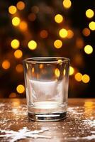 tom glas skott för alkoholhaltig drycker med fläck jul bakgrund attrapp ai genererad foto