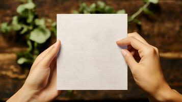 skriva ut attrapp kort i händer för inbjudan, bröllop, kort eller vykort attrapp ai genererad foto