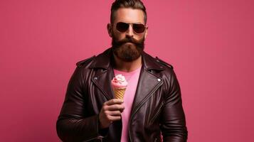 Brutal man med en skägg innehar ett is grädde kon på en rosa bakgrund ai genererad foto