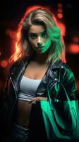 kvinna i neon ljus cyberpunk mörk bakgrund med handla påsar i svart fredag, cyber måndag försäljning begrepp ai genererad foto