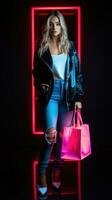 full kropp kvinna i neon ljus cyberpunk mörk bakgrund med handla påsar i svart fredag försäljning begrepp ai genererad foto