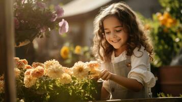 leende liten flicka ta vård och växt blommor i de trädgård eller en bruka ai genererad foto