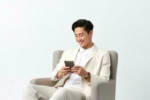stilig ung asiatisk manlig studerande textning vän, innehav smartphone ai generativ foto