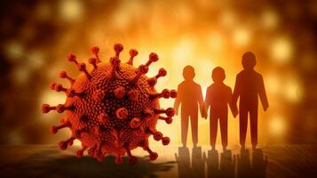 varning av pandemi på grund av till covid-19 med silhuett av en familj ai genererad foto