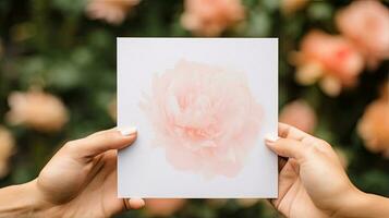 skriva ut attrapp kort i händer för inbjudan, bröllop, kort eller vykort attrapp ai genererad foto