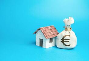hus och euro pengar väska. fast egendom värde värdering. göra en handla. fast egendom försäkring. skatter. köpa en hus. verklig egendom investering. foto