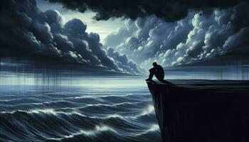 en figur Sammanträde på de kant av en klippa, ser ut över en omfattande, turbulent hav under en stormig himmel. de figur är i silhuett, förmedla en känsla av ensamhet och introspektion. ai genererad foto