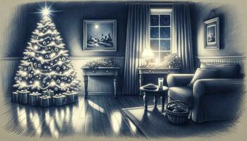 en fredlig levande rum miljö med en dekorerad jul träd, presenterar, och behandlar uppsättning ut för tomten. ai genererad foto