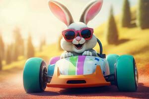 Lycklig påsk kanin på färgrik bil. generera ai foto