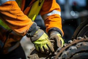 närbild av en arbetarens händer i skyddande handskar arbetssätt på en fabrik maskin generativ ai foto