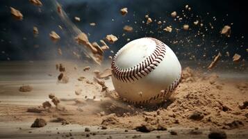 generativ ai, baseboll boll i torr sand explosion, på de kannor mound foto